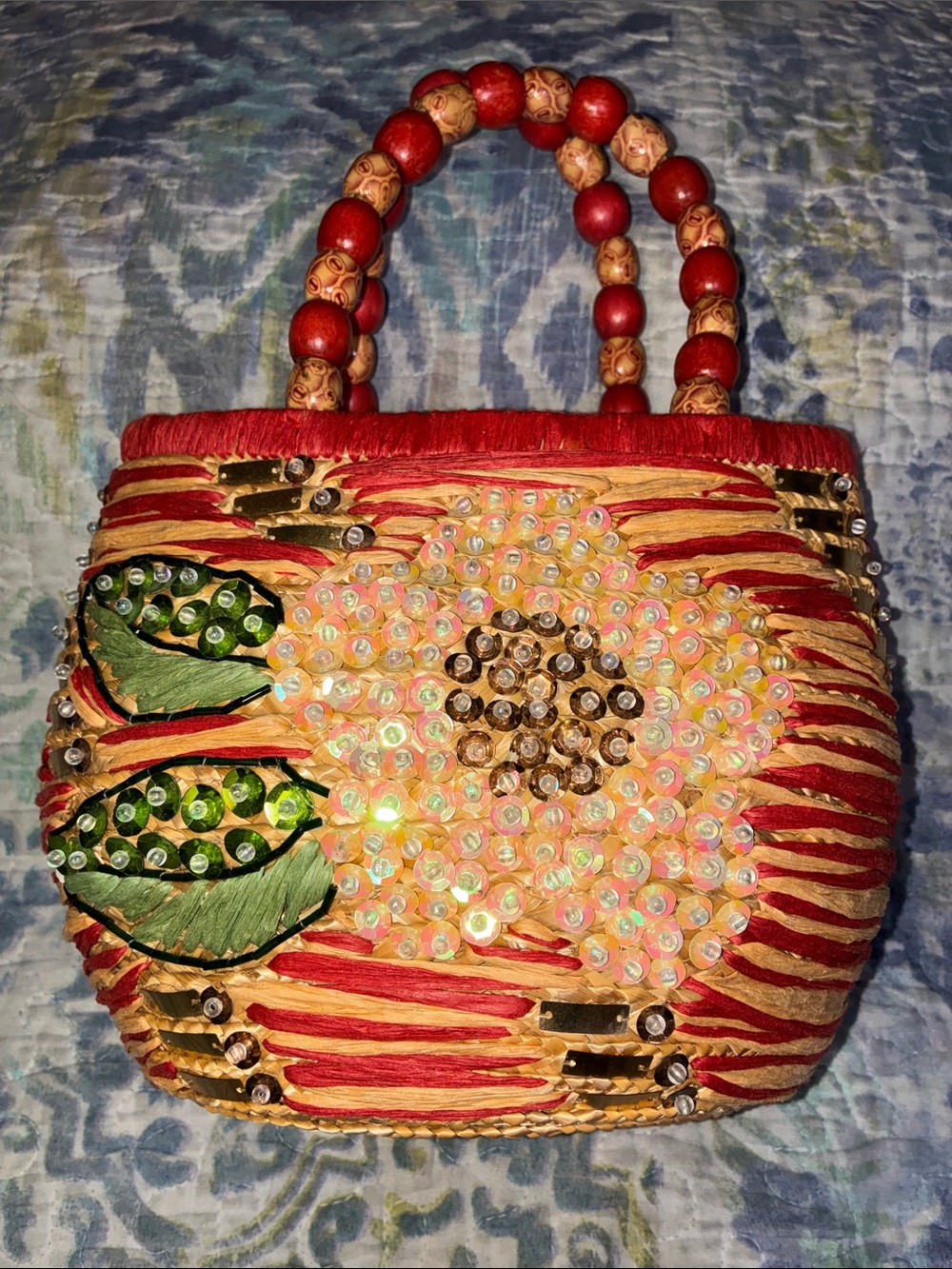 Nicole Lee Collection Beaded Sequins Wicker Red Floral Embellished Handbag Purse